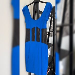 Blue Bebe bodycon Dress. Black waist Detail.